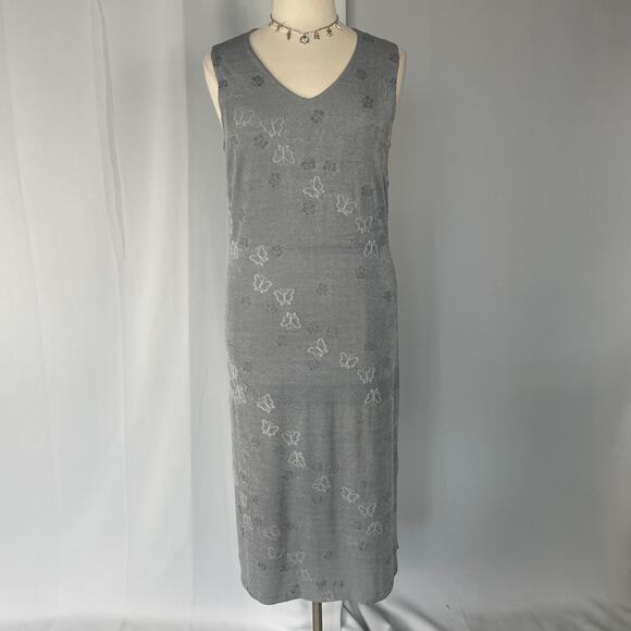 Vintage Maxi Dress Plus Size 14W 14 Gray Silver Butterfly Sleeveless Stretch 90s - Picture 2 of 16